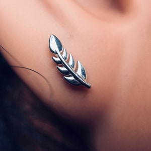 Feather or Leaf Earrings Dainty Little Studs 10mm Long Mini Ear Climbers Stud Earrings Simple Sterling Silver Stud Earring image 9