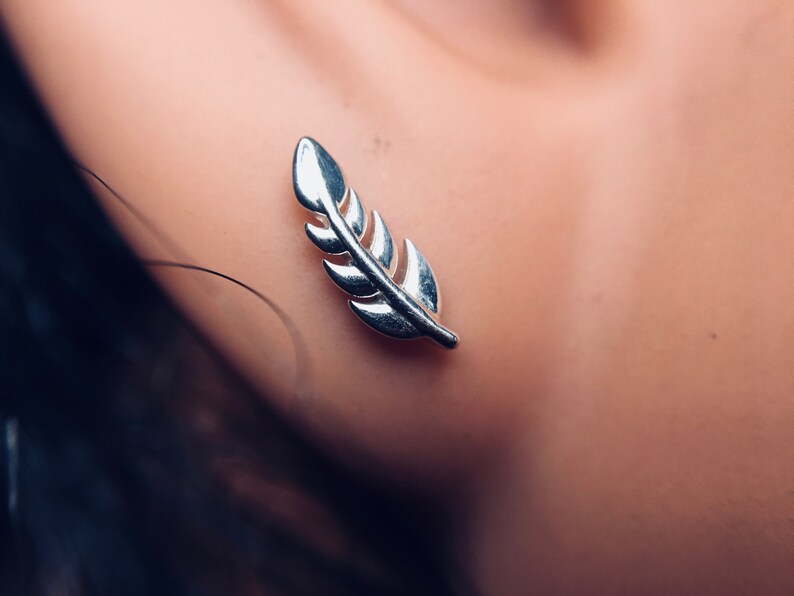 Feather or Leaf Earrings Dainty Little Studs 10mm Long Mini Ear Climbers Stud Earrings Simple Sterling Silver Stud Earring image 9