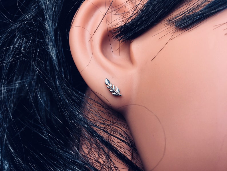 Feather or Leaf Earrings Dainty Little Studs 10mm Long Mini Ear Climbers Stud Earrings Simple Sterling Silver Stud Earring image 8