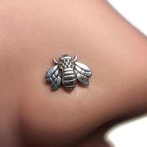 14K White Gold Bee Nose Stud ~  Honey Bee Nose Screw ~ Pierced Nose Jewelry ~ Insect Body Jewelry ~ 14K Solid White Gold