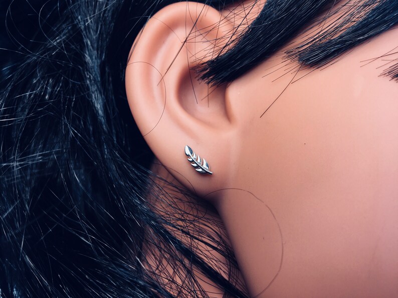 Feather or Leaf Earrings Dainty Little Studs 10mm Long Mini Ear Climbers Stud Earrings Simple Sterling Silver Stud Earring image 2