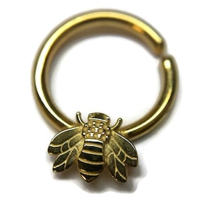 Golden Honey Bee Septum Ring ~ Solid 14 Karat Yellow Gold  ~ Bee Body Jewelry ~ Diath Hoop ~ Nose Ring Insect Jewelry