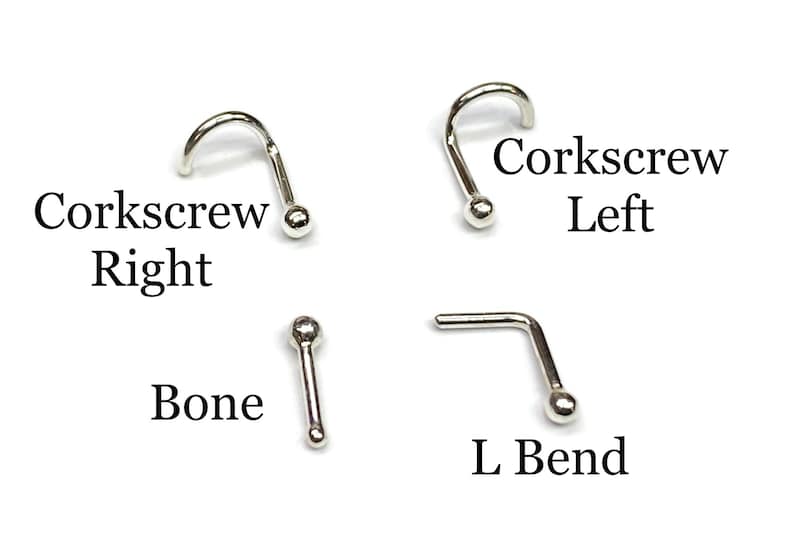 May include: Four different styles of nose rings: corkscrew right, corkscrew left, bone, and L bend. All are silver in color.