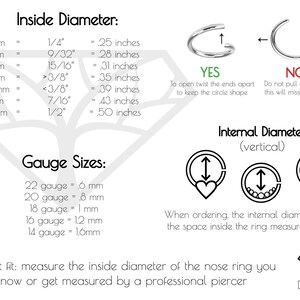 May include: A chart showing the inside diameter of nose rings in millimeters and inches, along with the corresponding gauge sizes. The chart also includes illustrations of how to open and close a nose ring correctly. The text "Internal Diameter (vertical)" is also included.