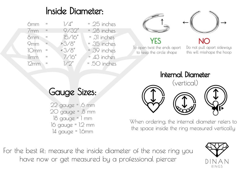 May include: A chart showing the inside diameter of nose rings in millimeters and inches, along with the corresponding gauge sizes. The chart also includes illustrations of how to open and close a nose ring correctly. The text "Internal Diameter (vertical)" is also included.