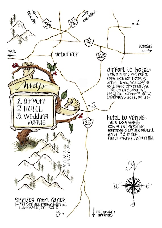 unique directions personalized hand-drawnpainted map with calligraphy wedding Custom illustrated map digital file watercolor