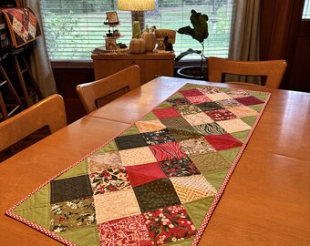 Tradition Red and Green Christmas Table Runner Moda Pine Valley Basic Grey Midcentury Modern Vibes