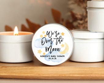 Over the Moon Baby Shower Favor Candle Tins Personalized Baby Shower Candles for Shower Personalized Bulk Favors Gold Tin Candles