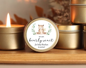 We Can Bearly Wait Baby Shower Favor Candle Tins Personalized Baby Shower Candles for Bear Baby Shower Personalized Bulk Favors Gold Tin