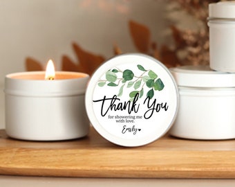 Bridal Shower Favor Tins | Bridal Shower Candles | Eucalyptus Favor Candles | Personalized Favor Candles | Greenery Candle Favors