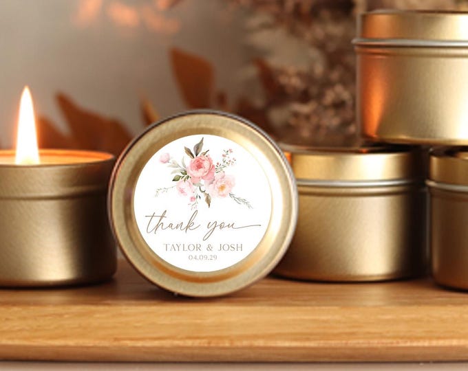 Wedding Favors, Bulk Wedding Favors, Blush Floral Candle Favors, Personalized Wedding Favors, Gold Tin Candles, Bulk Candle Favors