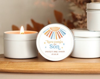 Here Comes the Son Baby Shower Favor Candle Tins Personalized Baby Shower Candles for Shower Personalized Bulk Favors Gold Tin Candles