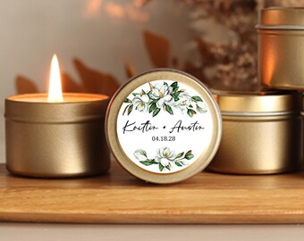 Wedding Favor Candle Tins Personalized Wedding Favor Candles for Wedding Personalized Bulk Wedding Favors Gold Tin Candles Magnolia labels