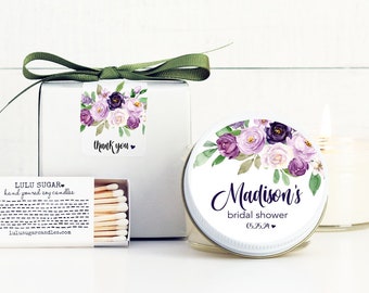 Purple Floral Bridal Shower Favors: Personalized Soy Candles