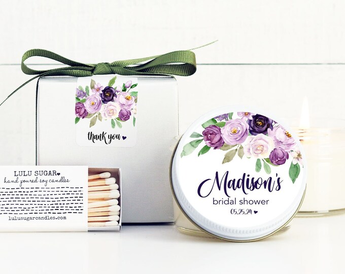 Purple Floral Bridal Shower Favors: Personalized Soy Candles