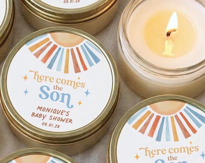 Here Comes the Son Personalized Baby Shower Candle Favors or Gifts