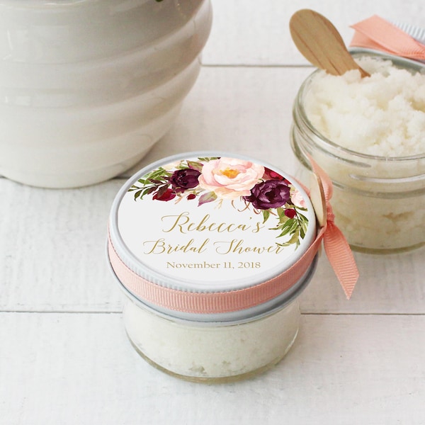 Sugar Scrub Bridal Shower Favor - All-Natural, Vegan - Marsala Floral Label | Rustic Shower Favor | Mason Jar Favor