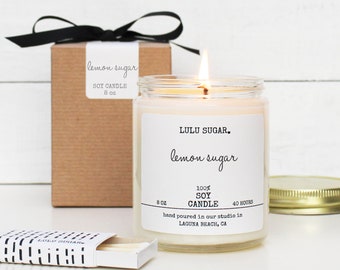 Lemon Sugar Scented Soy Candle - 8 oz jar | Scented Candle Gift | Fresh Scented Candle | Boxed Candle | Lemon Scented Soy Candle