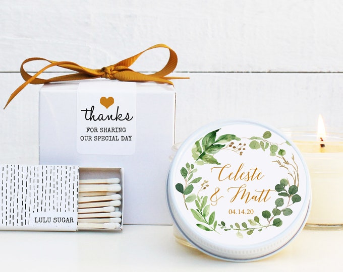 Wedding Favor Candles - Botanical Greenery Label Design - Personalized Wedding Favors | Soy Candle Favor | Boxed Wedding Favors