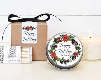 Holiday Candle Favors 4 oz- Poinsettia Wreath Label - Candle Christmas Gift | Personalized Holiday Gift | Christmas Party Favor |Candle Gift