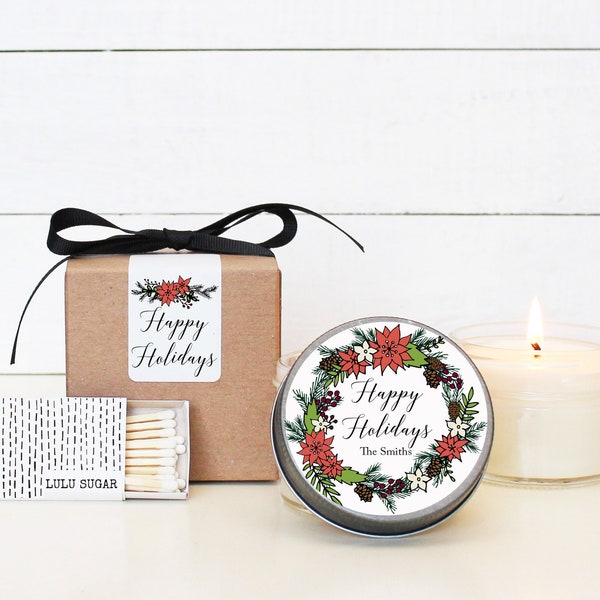 Holiday Candle Favors 4 oz- Poinsettia Wreath Label - Candle Christmas Gift | Personalized Holiday Gift | Christmas Party Favor |Candle Gift