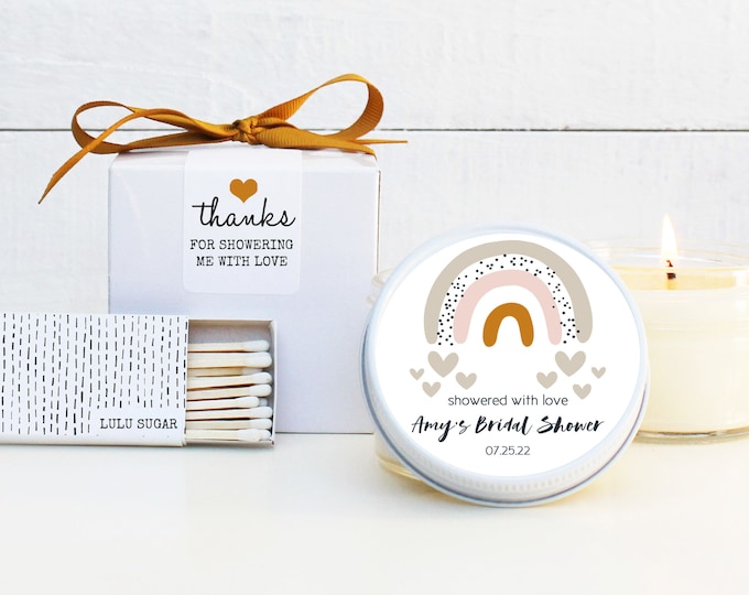 Bridal Shower Favor Candles - Showered with love labels | Personalized Shower Favors | Bridal Shower Candles | Thank You Shower Favor