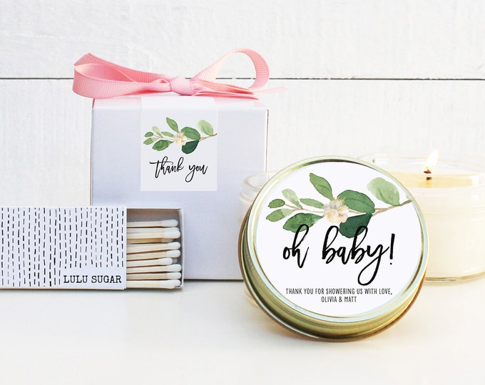 Baby Shower Favor Candles - Oh Baby Greenery Label | Personalized Shower Favors | Baby Shower Candles | Neutral Baby Shower Favor