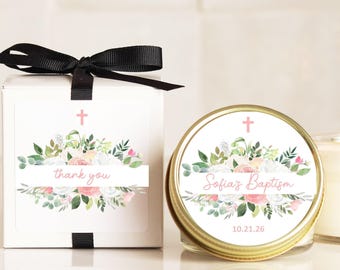 Personalized Baptism Favors: Soy Wax Candle, Floral Design