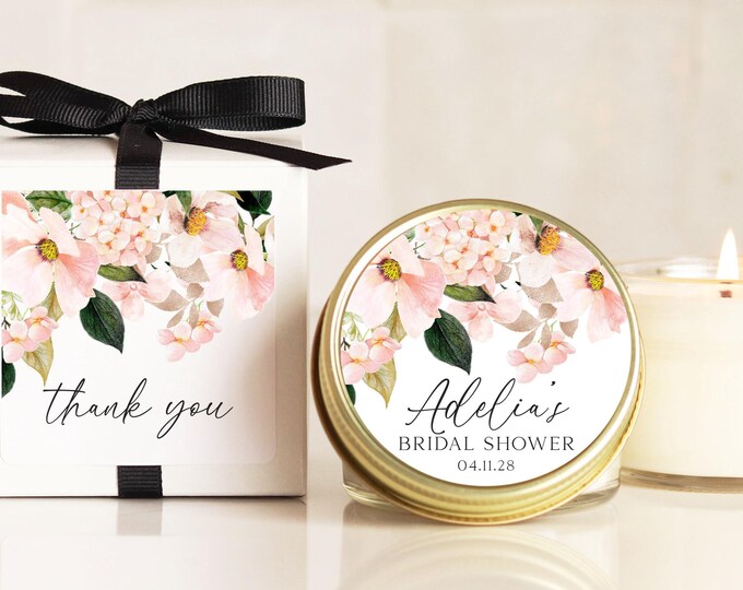 Bridal Shower Favor Candles - Blush Hydrangea Label Design | Personalized Shower Favors | Bridal Shower Candles | Pink Floral Bridal Shower