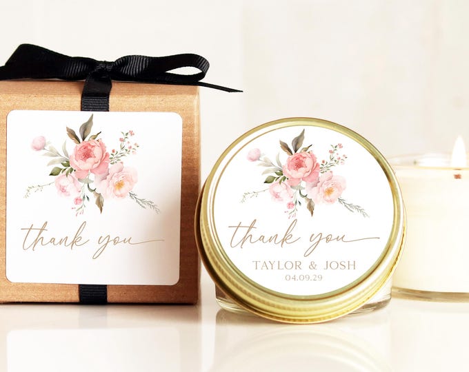 Personalized Wedding Favor Candles: Blush Floral Gold Tin, Bulk Soy Candles