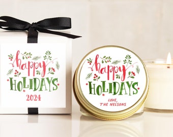 Happy Holidays Candles Watercolor Design | Christmas Gift Candles | Holiday Candle Gifts | Christmas Candles | Neighbor Christmas Gift