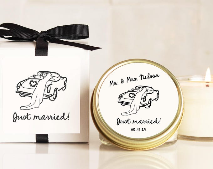 Personalized Wedding Favor Candle: Hand-Drawn Just Married Label