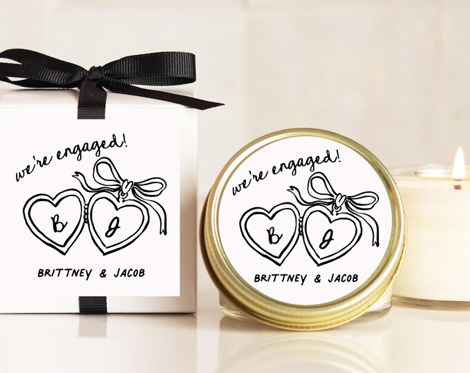 Engagement Party Favor with Bow Candles - Hand drawn Locket Initials Engagement Favors | Engagement Candle Favors | Engagement Party Decor