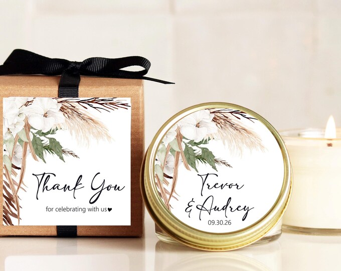 Personalized Soy Wedding Favor Candles: Pampas Grass Boho Decor