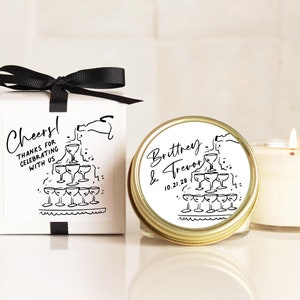 Personalized Wedding Favor Candles: Hand-Drawn Champagne Labels, Gold Tins