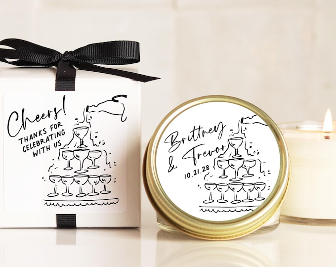 Personalized Wedding Favor Candles: Hand-Drawn Champagne Labels, Gold Tins