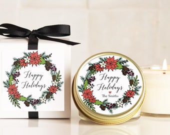 Holiday Candle Favors 4 oz- Poinsettia Wreath Label - Candle Christmas Gift | Personalized Holiday Gift | Christmas Party Favor |Candle Gift