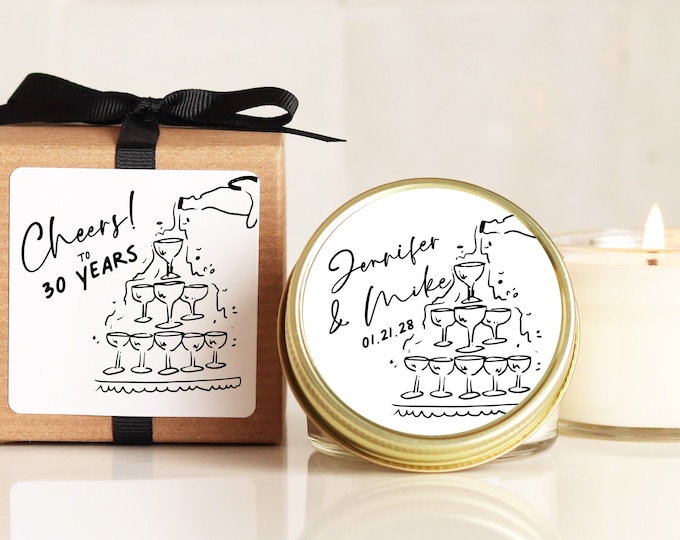 Personalized Anniversary Candle Favors: Hand-Drawn Champagne Label