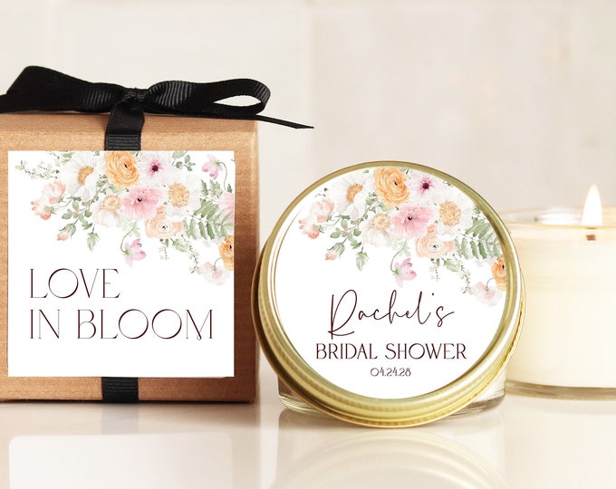 Pink Floral Bridal Shower Favors: Personalized Soy Candle