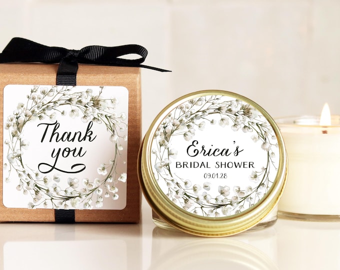Bridal Shower Favors | Baby's Breath Label Design | Bridal Shower Candles | Personalized Favor Candles | White floral Candle Favors