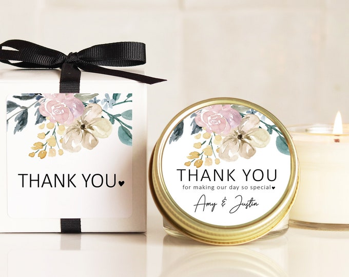 Wedding Favor Candles - Natural Floral Thank You Label Design - Personalized Wedding Favors | Soy Candle Favor | Floral Wedding Favors