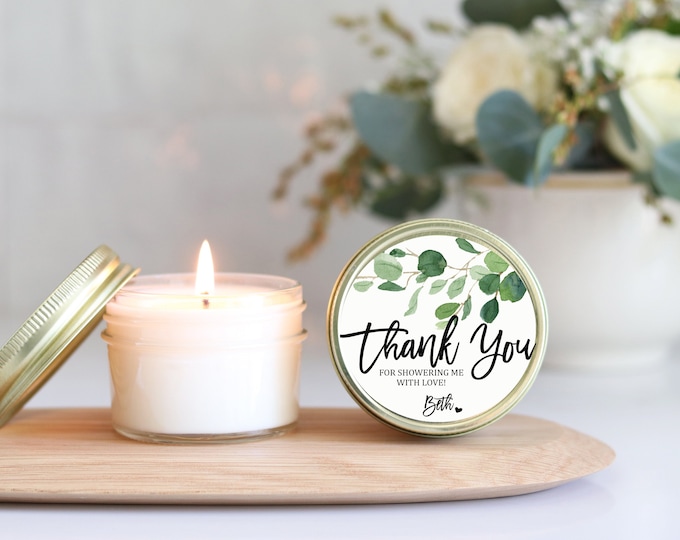 Personalized Eucalyptus Bridal Shower Favor Candles: 4oz Soy Wax