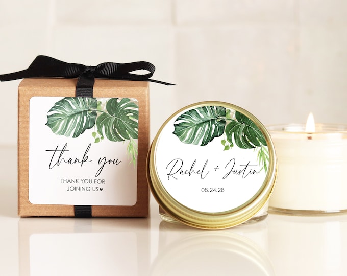 Tropical Wedding Favor Candles - Tropical Leaves Label Design - Personalized Wedding Favors | Soy Candle Favors | Custom Candles