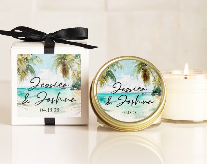 Beach Wedding Favor Candles | Tropical Wedding Favors | Personalized Wedding Favors | Custom Candle Favors | Boxed Wedding Favors