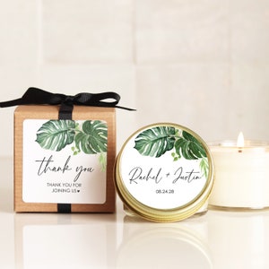 Tropical Wedding Favor Candles - Tropical Leaves Label Design - Personalized Wedding Favors | Soy Candle Favors | Custom Candles