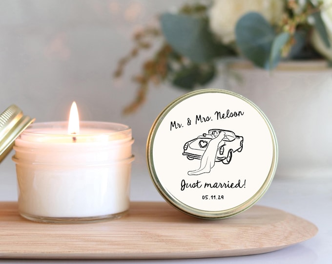 Personalized Wedding Favor Candle: Hand Drawn Just Married Car