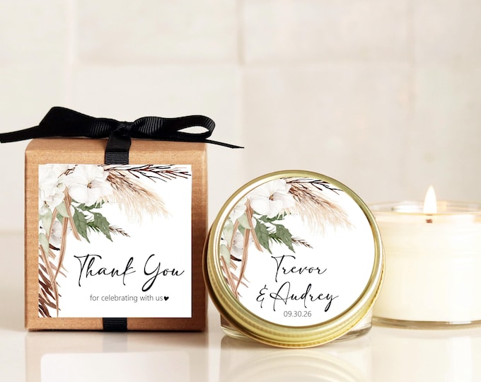 Personalized Soy Wedding Favor Candles: Pampas Grass Boho Decor