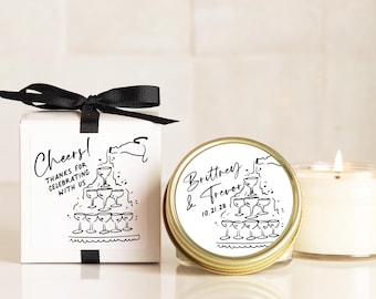 Personalized Wedding Favor Candles: Hand-Drawn Champagne Labels, Gold Tins