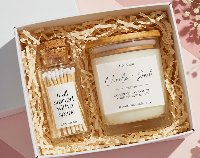 Personalized Engagement Candle Gift Set: Soy Wax, Custom Match Jar