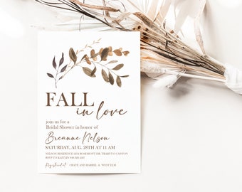 Editable Fall Bridal Shower Invitation - Editable in Canva | Bronze Eucalyptus Bridal Shower Invitation Falling in Love Bridal Shower Decor